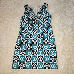 Trina Turk Mojave Sleeveless Sheath Dress Blue White Floral Tile Print Size 4